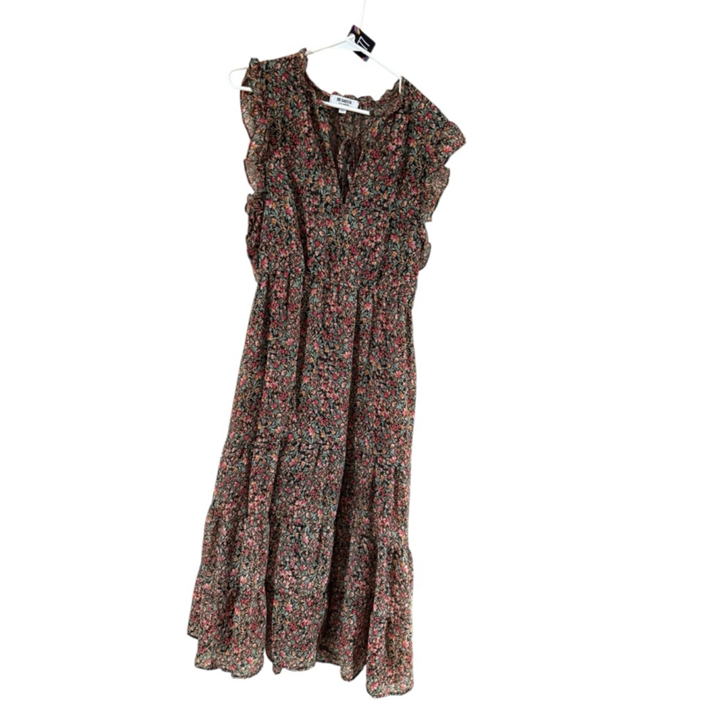Women's BB Dakota Floral Midi Dress L Black Pink Green - Picture 2 of 9